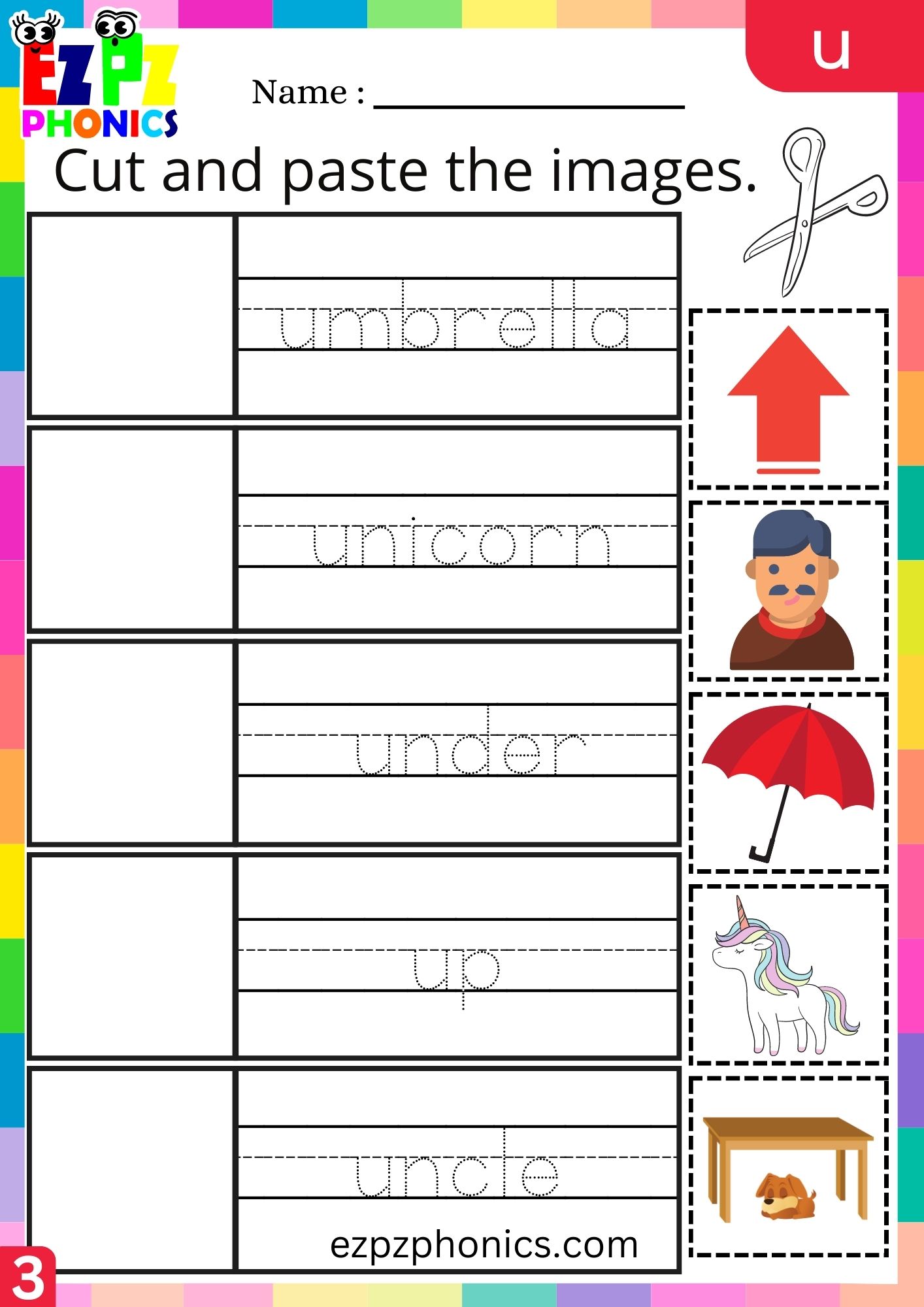 Letter u Cut and Paste the Images and Write the Words Group 3